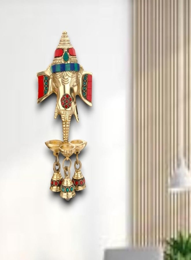 DEVDECOR, Gemstone Work Brass Ganesha Wall Hanging Diya with Bells for Home Decor, Brass Hanging Diyas Oil Lamp, Diwali Gifts, Diyas for Diwali, Ghanti for Pooja, Temple Decor, Pack of 1 - Image 1